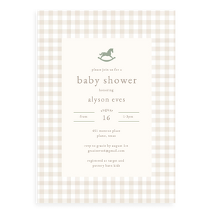 Neutral Gingham Rocking Horse Baby Shower Invitation Neutral Gingham Rocking Horse Baby Shower Invitation
