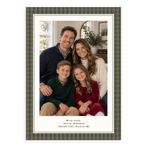 A personalized holiday photo card featuring a family portrait of four people, with a dark olive green and brown plaid border and custom text at the bottom A personalized holiday photo card featuring a family portrait of four people, with a dark olive green and brown plaid border and custom text at the bottom