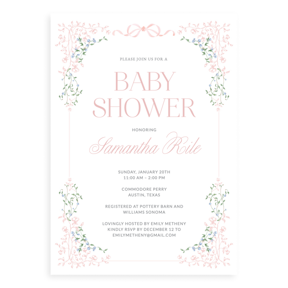 Sweet Pink Framed Florals Baby Shower Invitation