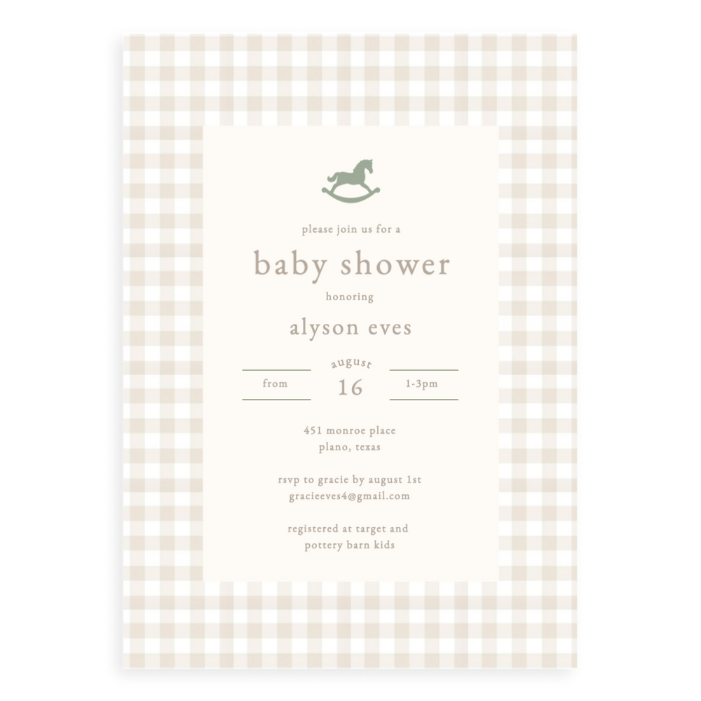 Neutral Gingham Rocking Horse Baby Shower Invitation