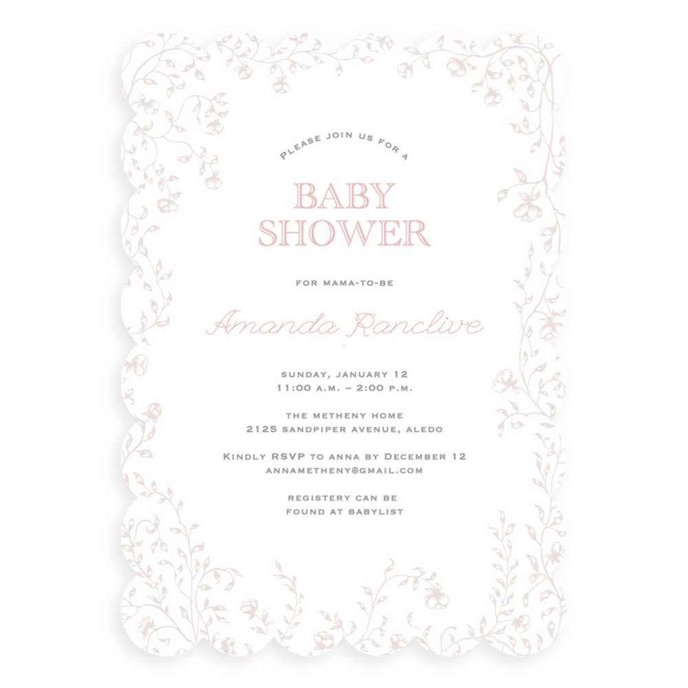 Scalloped Pink Florals Baby Shower Invitation