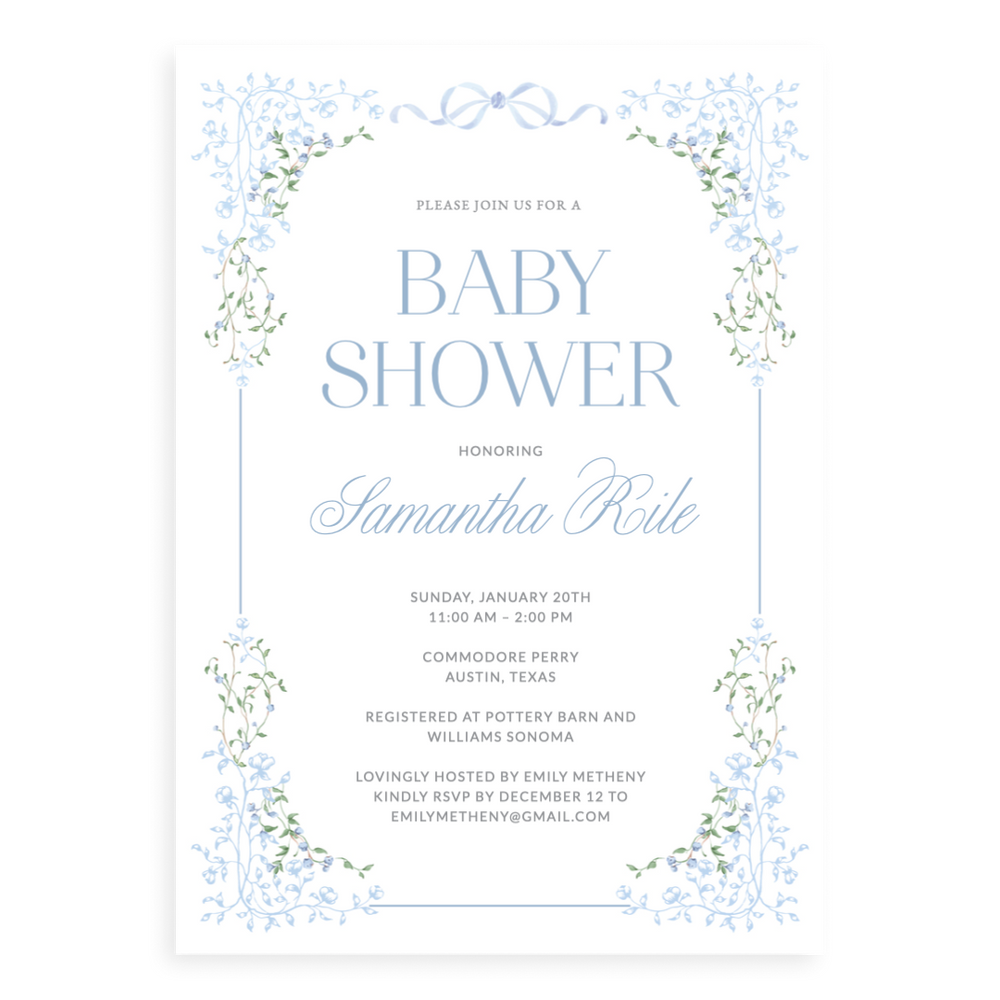 Sweet Blue Framed Florals Baby Shower Invitation