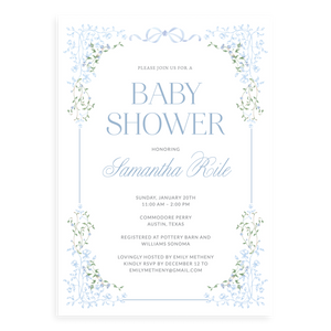 Sweet Blue Framed Florals Baby Shower Invitation