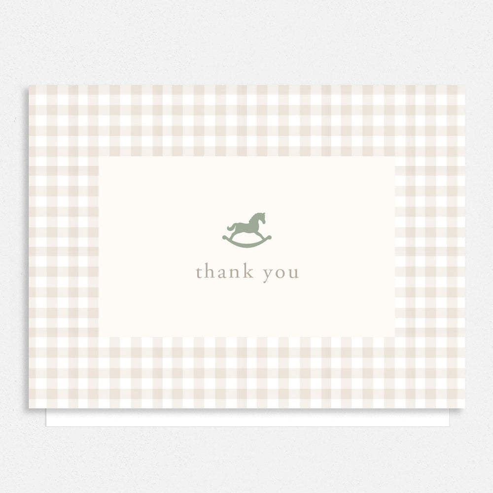 Neutral Gingham Rocking Horse Thank You Cards
