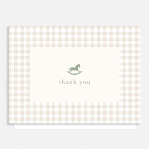 Neutral Gingham Rocking Horse Thank You Cards