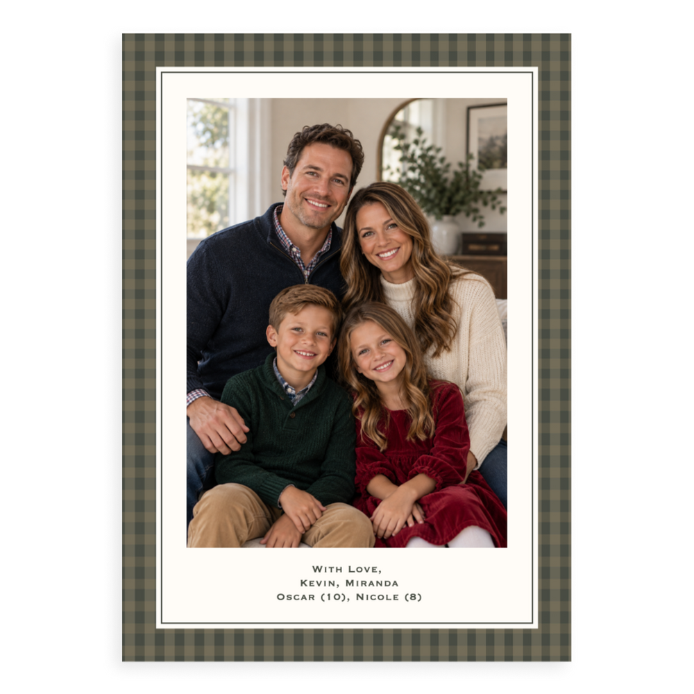 A personalized holiday photo card featuring a family portrait of four people, with a dark olive green and brown plaid border and custom text at the bottom 