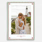 A personalized photo print with a decorative border, featuring a couple embracing in front of a lighthouse. The print has a white center, a red inner border, a pale green outer border, and custom text at the bottom reading 'Love, Jordyn & Katie 20XX'.