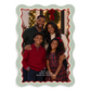 A personalized holiday photo print featuring a family of four posed together in front of a Christmas wreath. The print has a scalloped border with green and white stripes, a red inner border, and white text at the bottom reading 'WITH LOVE, KEVIN, MIRIAM, OSCAR (10), NICOLE (8)'.