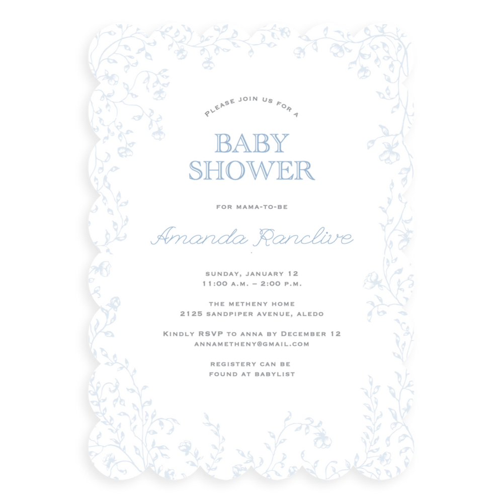 Scalloped Blue Florals Baby Shower Invitation