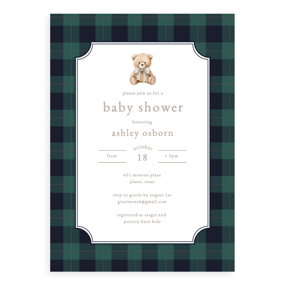 Preppy Teddy Bear Baby Shower Invitation