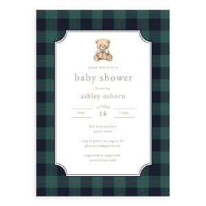 Preppy Teddy Bear Baby Shower Invitation